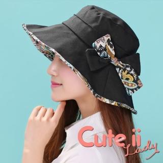 【Cute ii Lady】花彩圖騰繽紛甜美蝴蝶結防曬遮陽帽 漁夫帽(黑)