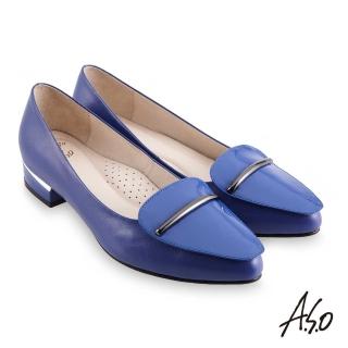 【A.S.O 阿瘦集團】職場通勤 健步通勤簡約金屬飾釦低跟鞋(藍色)