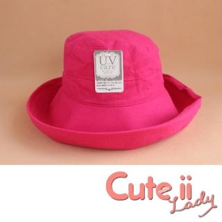 【Cute ii Lady】日本UV CUT防紫外線棉麻捲邊大帽檐漁夫遮陽帽(玫紅)