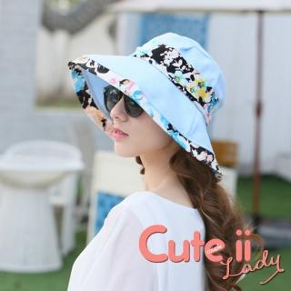 【Cute ii Lady】彩染花卉甜美色系和風渡假休閒遮陽帽(天藍)