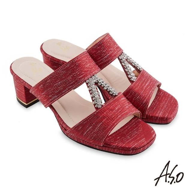 【A.S.O 阿瘦集團】時尚流行 摩登時尚金屬質感粗跟涼鞋(正紅)