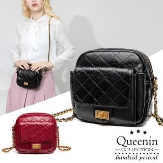 【DF Queenin】韓版時尚輕奢菱格紋鎖鏈單肩斜背小包-共2色