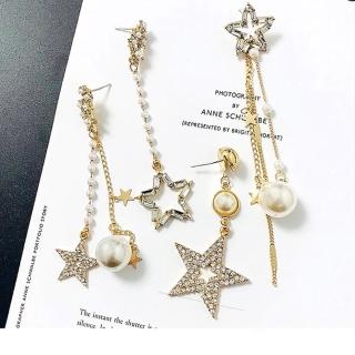 【BBHONEY】韓版珍珠摟空星星滿鑽流蘇吊墜式 不對稱耳環(網美必備款)