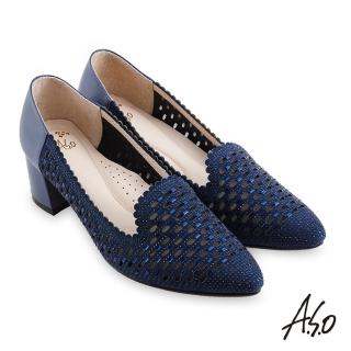 【A.S.O 阿瘦集團】璀璨宴會 優雅時尚燙鑽尖楦粗跟鞋(深藍)