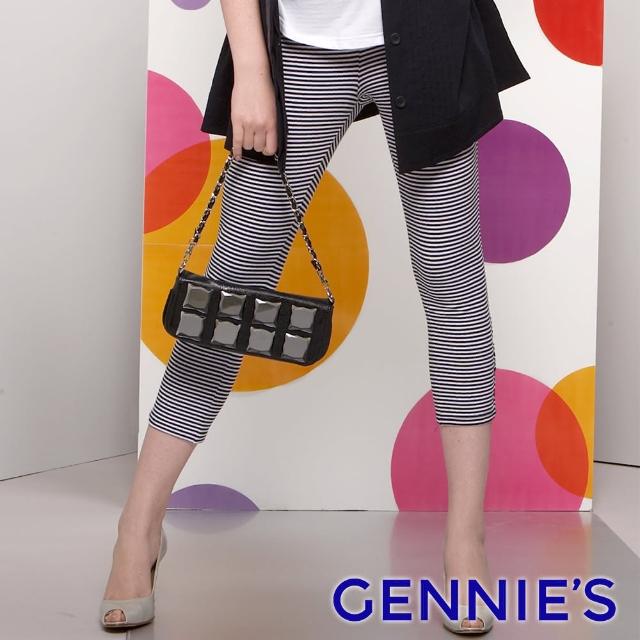【Gennies 奇妮】品味條紋棉質七分內搭褲(黑灰G4852)