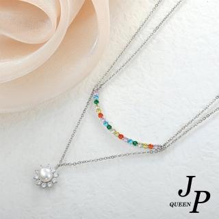 【Jpqueen】美好彩虹雙層珍珠花彩鑽鎖骨項鍊(銀色)