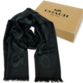 【COACH】新款大C LOGO羊毛混桑蠶絲巾圍巾禮盒(黑)