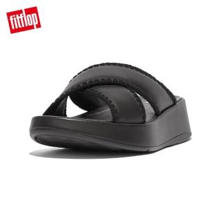 【FitFlop】F-MODE CROCHET-STITCH LEATHER FLATFORM SLIDES編織皮革造型交叉涼鞋-女(黑色)