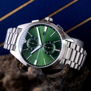 【EMPORIO ARMANI】亞曼尼 公司貨 榮耀尊爵不鏽鋼腕錶/銀x綠面(AR11480)