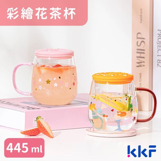 【KKF 吻吻魚】彩繪花茶杯 445ml - 2 色(耐熱玻璃、濾茶杯、泡茶杯、附精美包裝、送禮推薦)