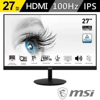 【MSI 微星】PRO MP273A 27型 IPS 100Hz 平面美型螢幕(內建喇叭/TUV護眼)