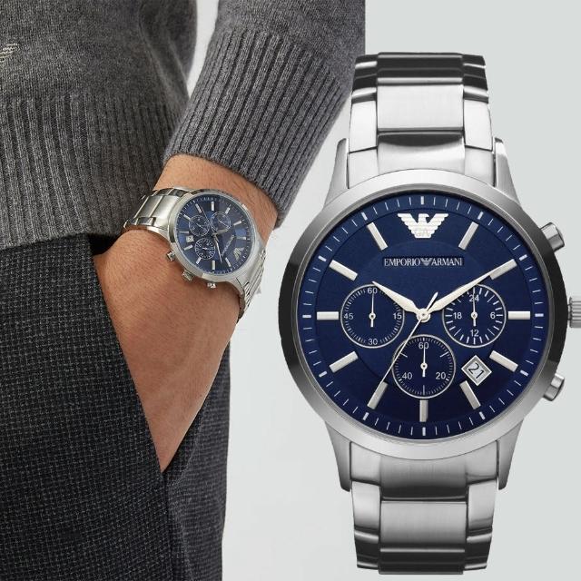 【EMPORIO ARMANI】Classic 三眼計時手錶-藍x銀/43mm 畢業禮物(AR2448)