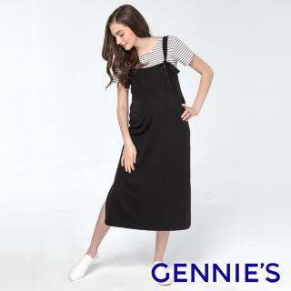 【Gennies 奇妮】綁結吊帶洋裝-黑(孕婦裝 莫代爾 彈力 開衩)