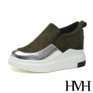 【HMH】時尚亮面皮革拼接厚底內增高舒適樂福鞋(軍綠)