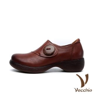 【Vecchio】全真皮頭層牛皮復古木釦造型防水台厚底休閒鞋(棕)