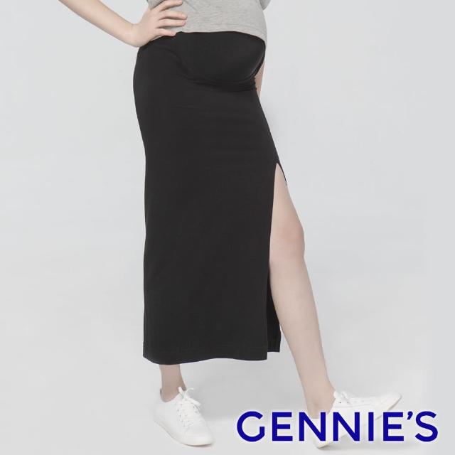 【Gennies 奇妮】日系直筒側開長裙-黑(孕婦裙 開衩 一體成型 無痕褲頭)