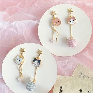 【BBHONEY】日式和風耳飾可愛貓咪珍珠銀針耳釘(網美必備款)