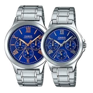 【CASIO 卡西歐】CASIO 羅馬三眼情侶對錶 不鏽鋼錶帶 普魯士藍 生活防水(MTP-V300D-2A+LTP-V300D-2A2)