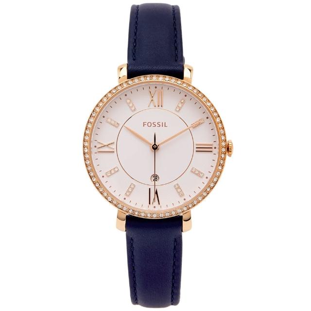 【FOSSIL】FOSSIL 鑽鑲優雅皮革女性手錶-白面X藍色/36mm(ES4291)