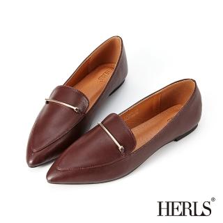 【HERLS】樂福鞋-一字金屬釦鐶尖頭平底鞋樂福鞋(紅棕色)