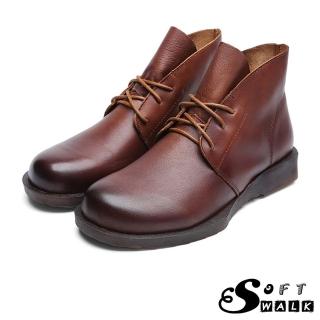 【SOFT WALK 舒步】真皮頭層牛皮復古擦色隨性綁帶造型休閒短靴(棕)