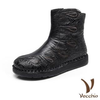 【Vecchio】全真皮頭層牛皮孔雀意象復古皮雕造型平底短靴(黑)