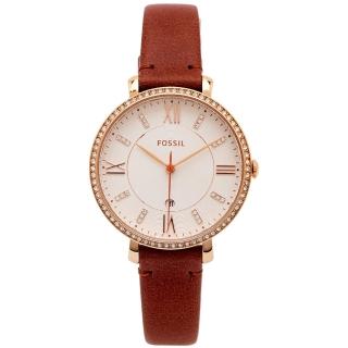 【FOSSIL】鑽鑲優雅皮革錶帶女性手錶-銀面X咖啡色/36mm(ES4413)