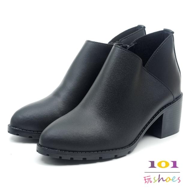 【101 玩Shoes】mit. 素雅側V剪裁尖頭粗跟踝靴(黑色.36-40碼)