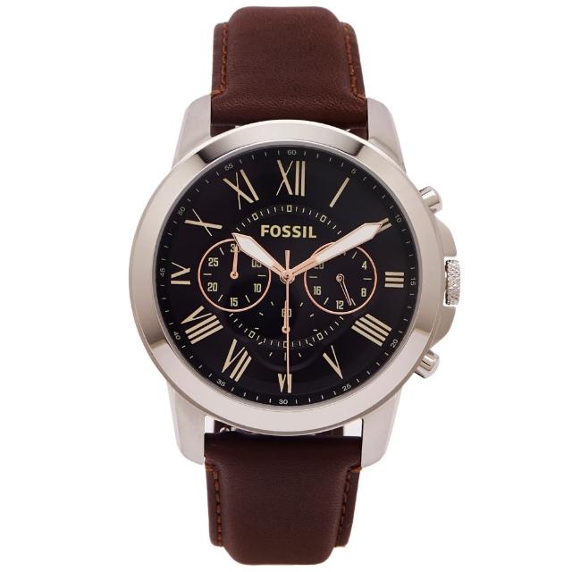 【FOSSIL】羅馬優雅風計時皮帶手錶FS4813-黑色面X咖啡色/44mm(FS4813IE)