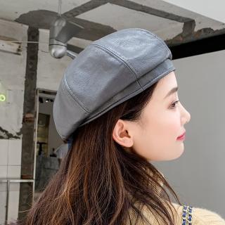 【Acorn 橡果】韓系仿皮復古畫家帽貝蕾帽八角帽南瓜帽遮陽帽1702(灰色)
