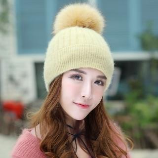 【Acorn 橡果】韓系大毛球內絨加厚保暖防風毛帽耳罩毛線帽1824(米色)