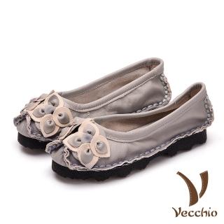 【Vecchio】真皮牛皮撞色花朵手縫軟底民族風單鞋(灰)