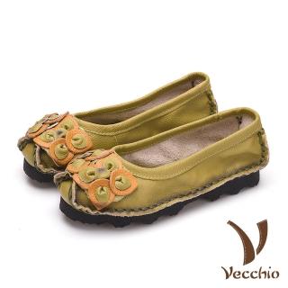 【Vecchio】真皮牛皮撞色花朵手縫軟底民族風單鞋(果綠)