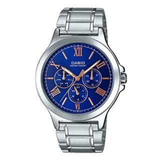 【CASIO 卡西歐】CASIO 羅馬三眼指針男錶 不鏽鋼錶帶 普魯士藍 生活防水(MTP-V300D-2A)