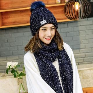【Acorn 橡果】韓系甜美針織加絨毛帽耳罩+圍巾披肩圍脖兩件套1825(兩件式-藏青)