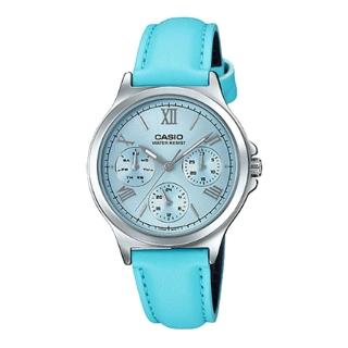 【CASIO 卡西歐】CASIO 羅馬三眼指針女錶 皮革錶帶 天藍色 生活防水(LTP-V300L-2A3)