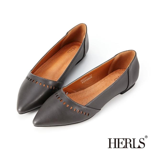 【HERLS】平底鞋-方塊鏤空尖頭平底鞋(深灰色)