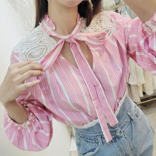 【BBHONEY】韓系蕾絲珍珠綁帶條紋襯衫上衣(網美必備款)