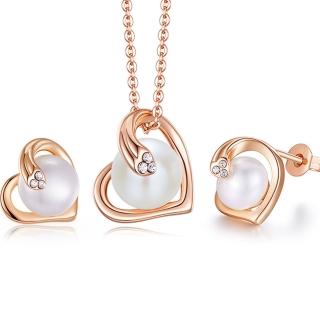 【Jpqueen】與愛相隨水鑽元素珍珠玫瑰金耳環項鍊組(金色)