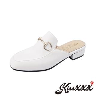 【KissXXX】經典馬蹄釦飾小方頭低跟穆勒鞋 包頭拖鞋(白)
