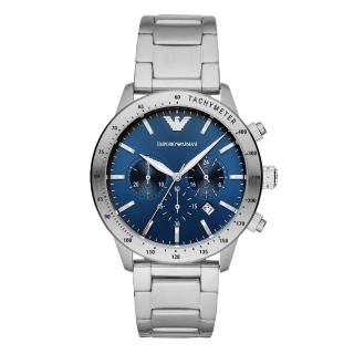 【EMPORIO ARMANI】紳士時尚三眼腕錶-銀X藍(AR11306)