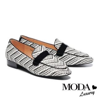 【MODA Luxury】復古清新漆皮條帶雙色編織樂福低跟鞋(黑)