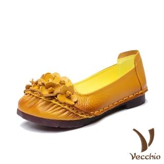 【Vecchio】真皮頭層牛皮手工立體串花舒適低跟單鞋(黃)