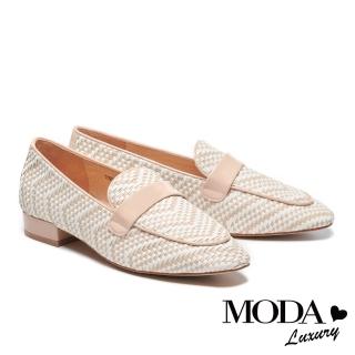 【MODA Luxury】復古清新漆皮條帶雙色編織樂福低跟鞋(米)