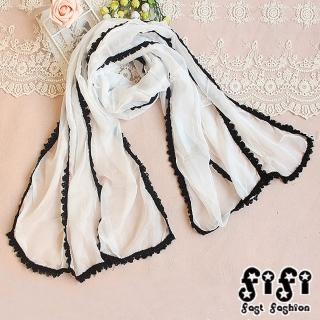 【FIFI 飛時尚】立體蕾絲綴邊雪紡圍巾 防曬空調披肩(白)
