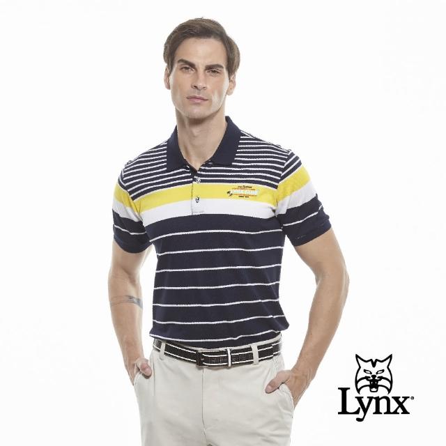 【Lynx Golf】男款吸濕排汗配色粗細條紋短袖POLO衫/高爾夫球衫(深藍色)