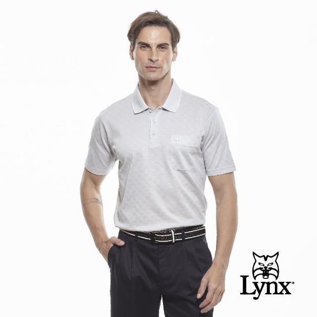 【Lynx Golf】男款吸濕排汗抗UV涼感提織格紋胸袋款短袖POLO衫/高爾夫球衫(灰色)