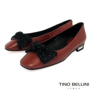 【TINO BELLINI 貝里尼】冬日毛料蝴蝶結全真皮小方頭娃娃鞋 VI8550(磚紅)