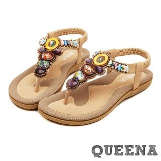 【QUEENA】繽紛寶石時尚民族風串珠T字羅馬涼鞋(米)