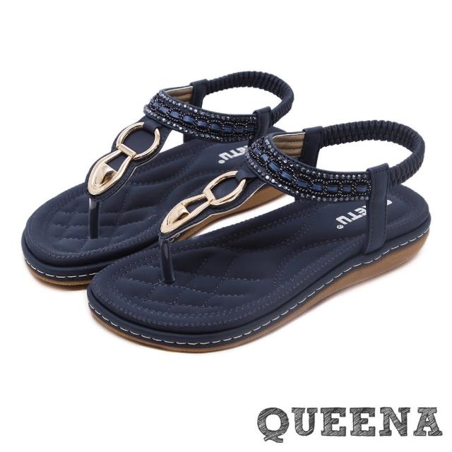 【QUEENA】金屬釦環水鑽串珠排飾T字舒適厚底涼鞋(深藍)